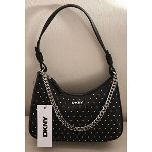 DKNY R53EQH58 Women's O/S Black PU Leather Studded Lee Shoulder Bag w/Chain